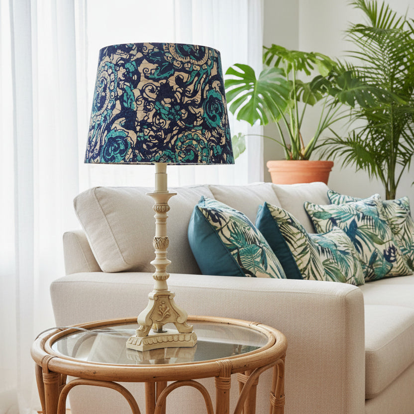 Decorative lamp with a patterned shade on a side table in a living room
