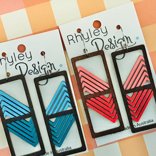 Wooden Rectangle Grid Statement Earrings