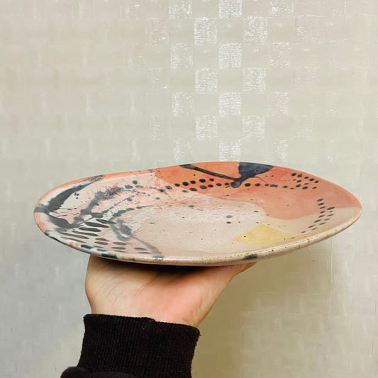 Handcrafted Pottery HSP Plates - Orange, White, yellow with Black Dots