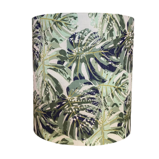 Tropical leaf patterned named Monstera Mist lamp shade on a white background