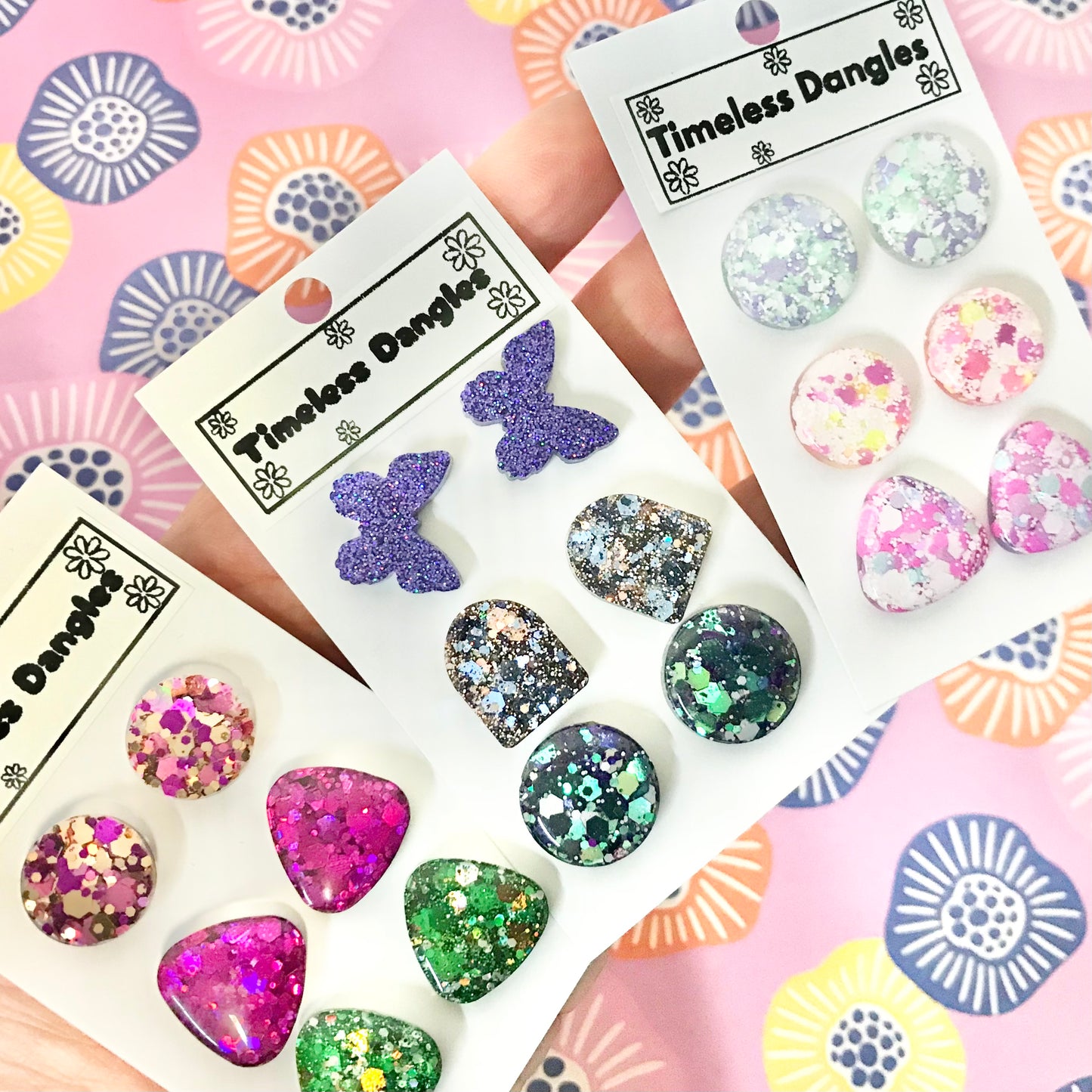 Novelty Resin Sparkle Stud Earrings - triple pack