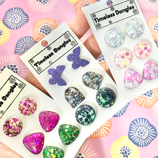 Novelty Resin Sparkle Stud Earrings - triple pack