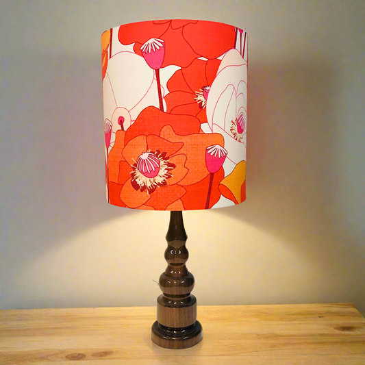 Turned Timber Lamp with Large Poppies Shade