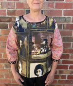 a Women's Handmade Cotton Top with paneled detail of Japanese Geisha's at a tea party