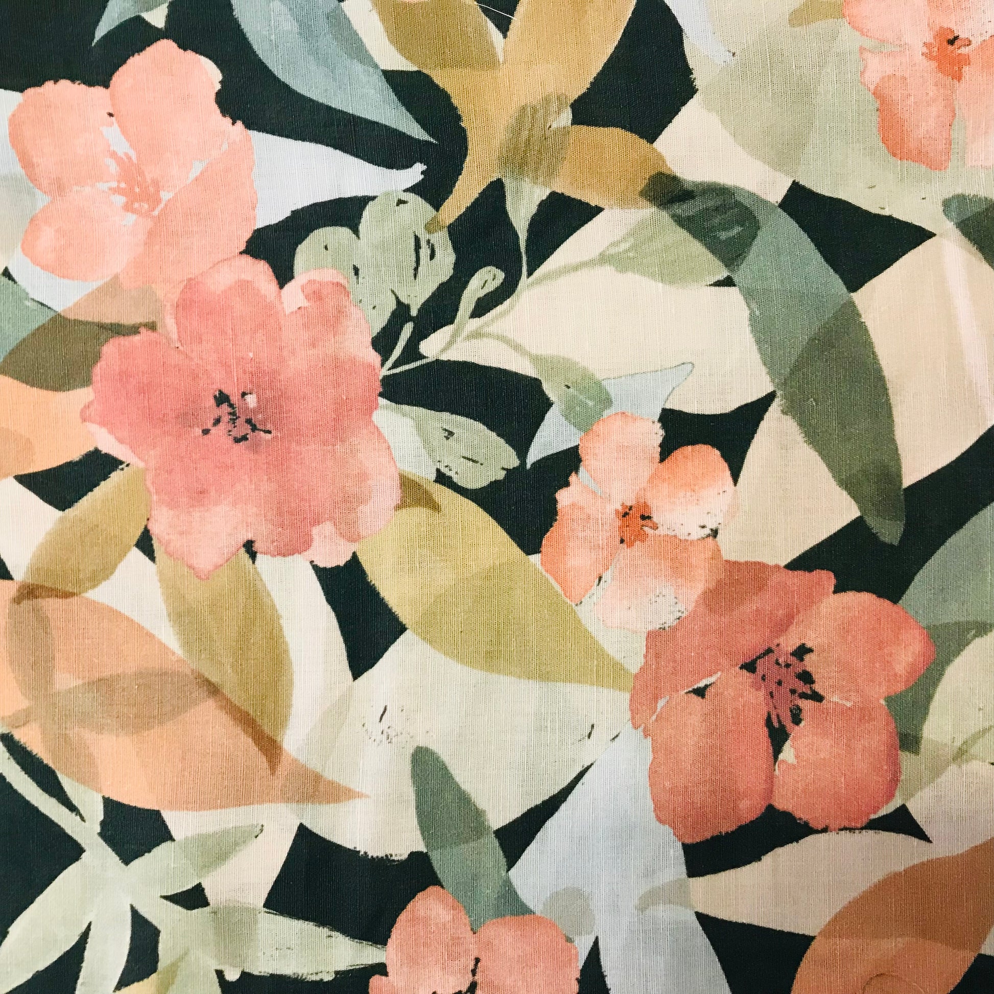 Floral pattern with pink flowers and green leaves on a black background