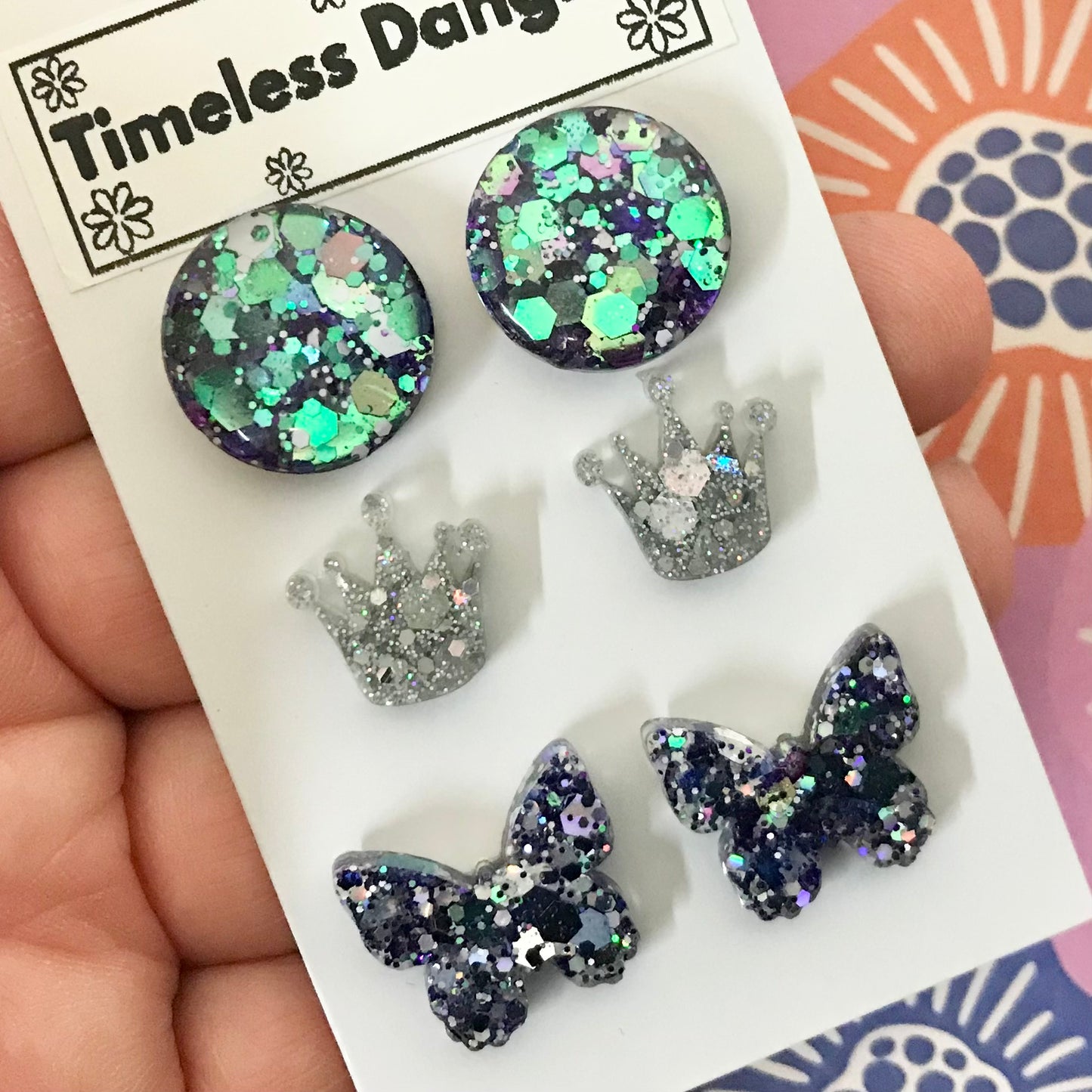 Novelty Resin Sparkle Stud Earrings - triple pack