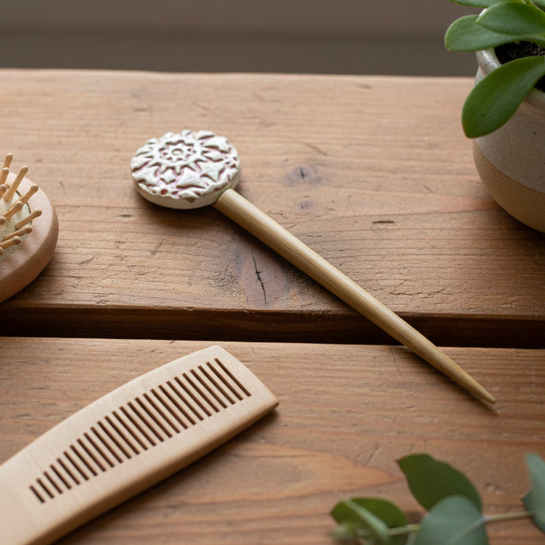 Handpainted Ceramic & Bamboo Hair Pins