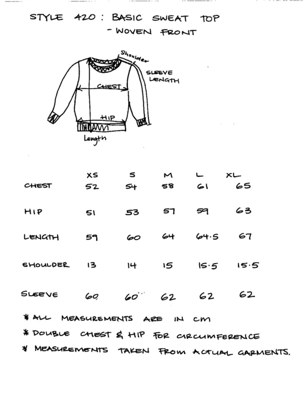 Measurement chart for a basic sweat top with dimensions labeled