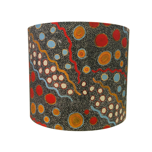 Colorful lampshade with abstract pattern on a white surface