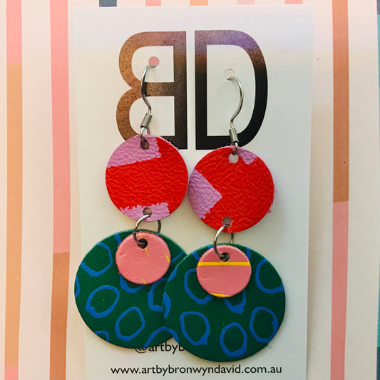 Hand painted leather bold statement earrings - The Stacked Dot