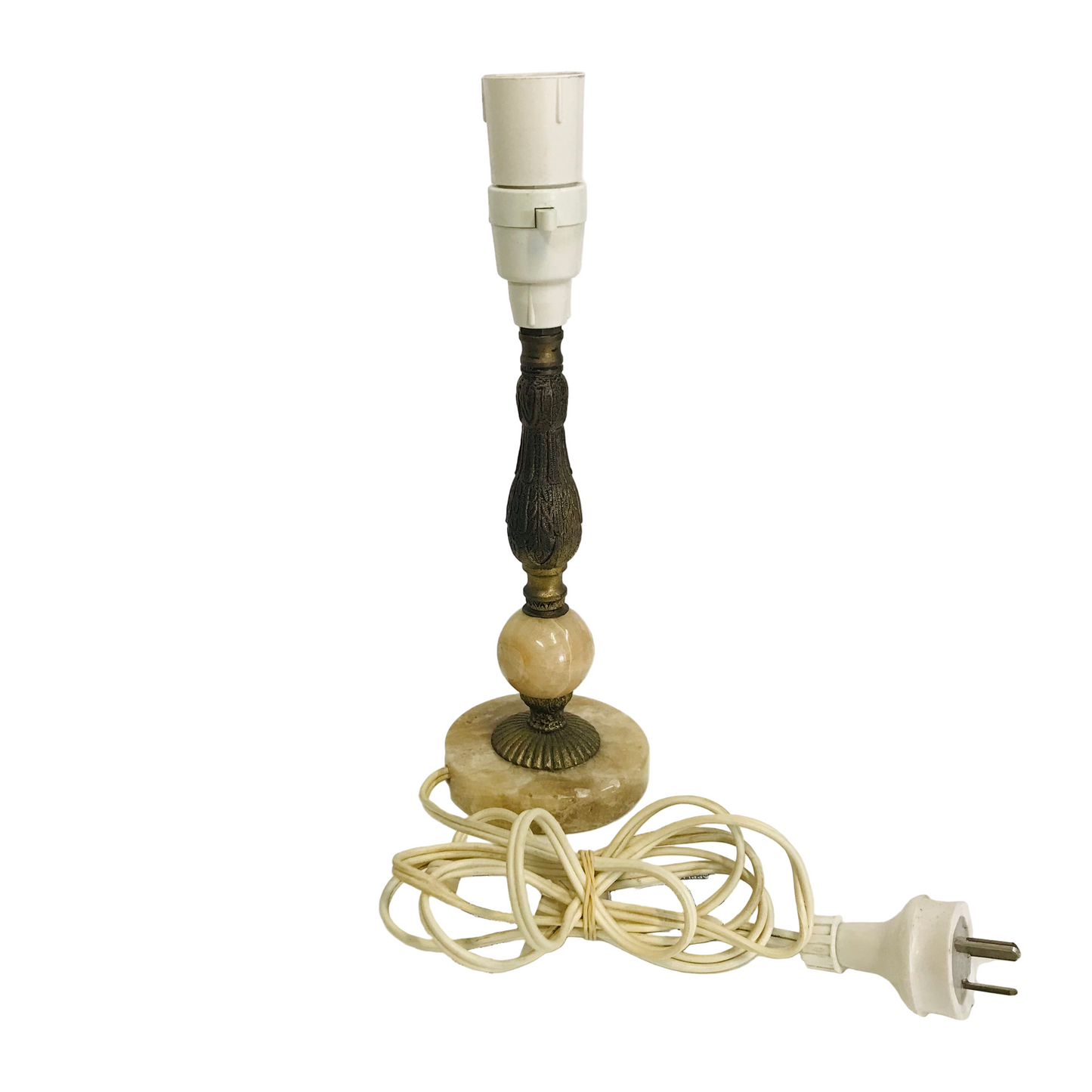 Brass and Marble Antique Table Lamp with Velour Mustard Ferns Shade