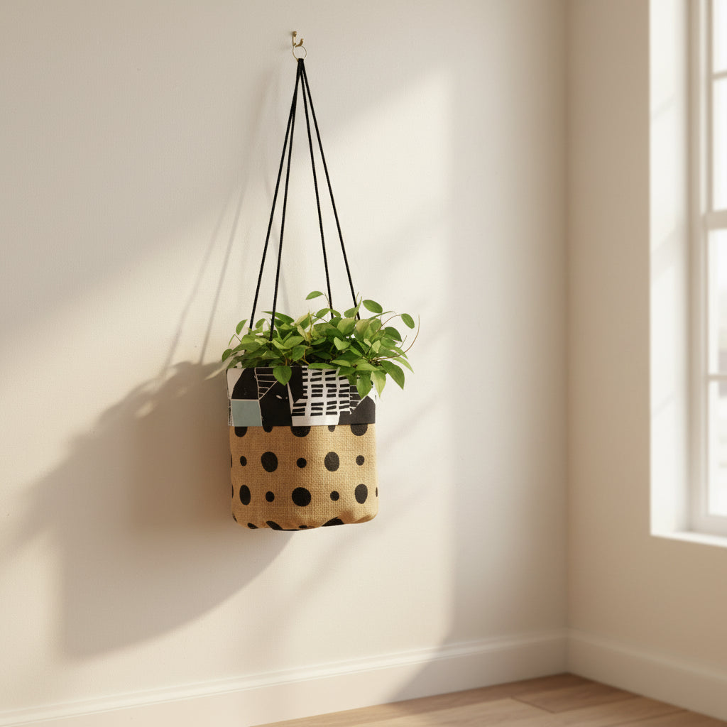 Hanging plant pot with polka dot design on a white wall