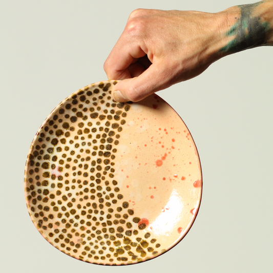 Hand holding a ceramic plate with a spotted design against a plain background