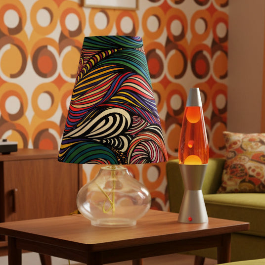 Colorful wavy patterned lampshade in a retro room
