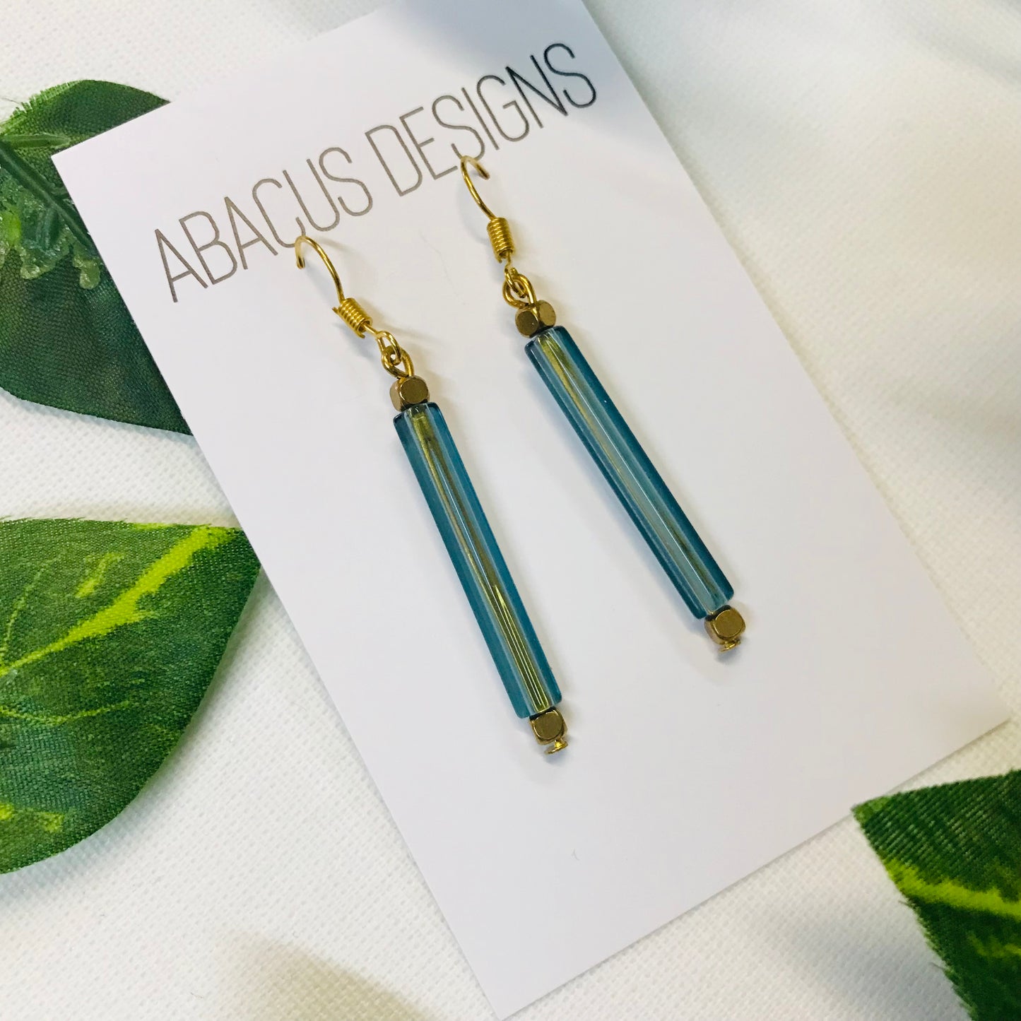 Blue Champagne Glass & Brass Dangle Earrings