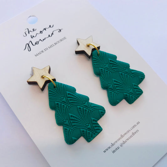 Christmas Polymer Clay Earrings - Etched Trees