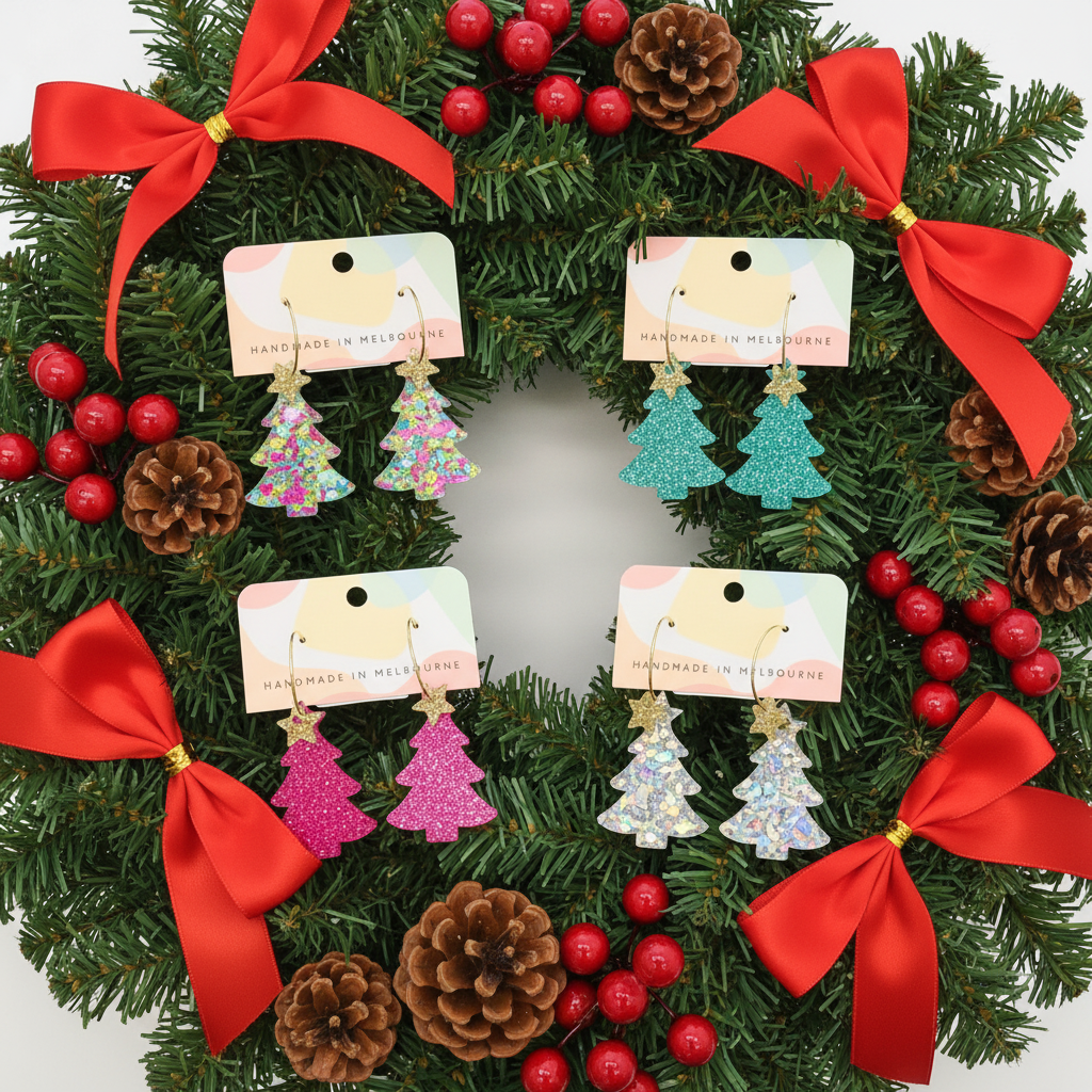 Novelty Acrylic Earrings - Christmas Tree Hoops