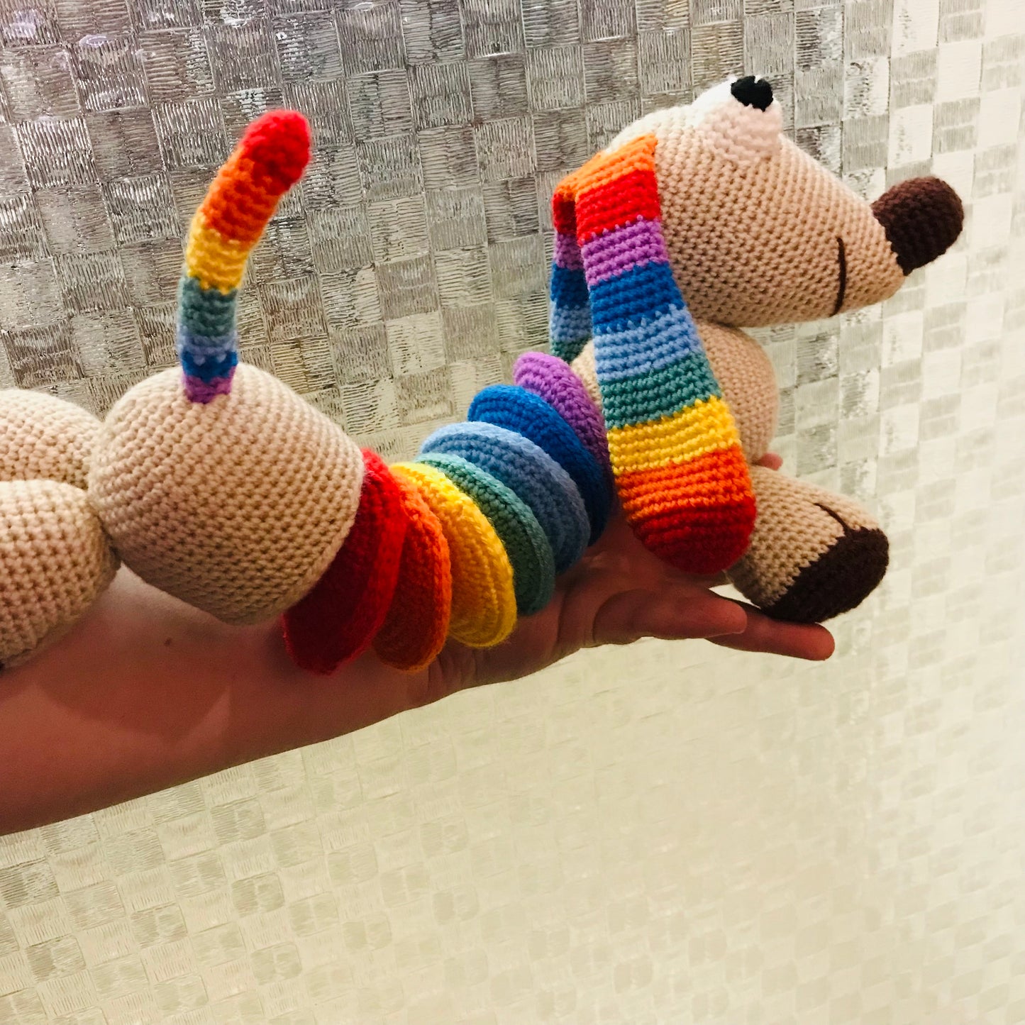Rainbow Sausage Dog Crochet Toy