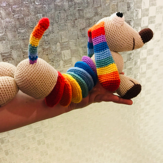 Rainbow Sausage Dog Crochet Toy