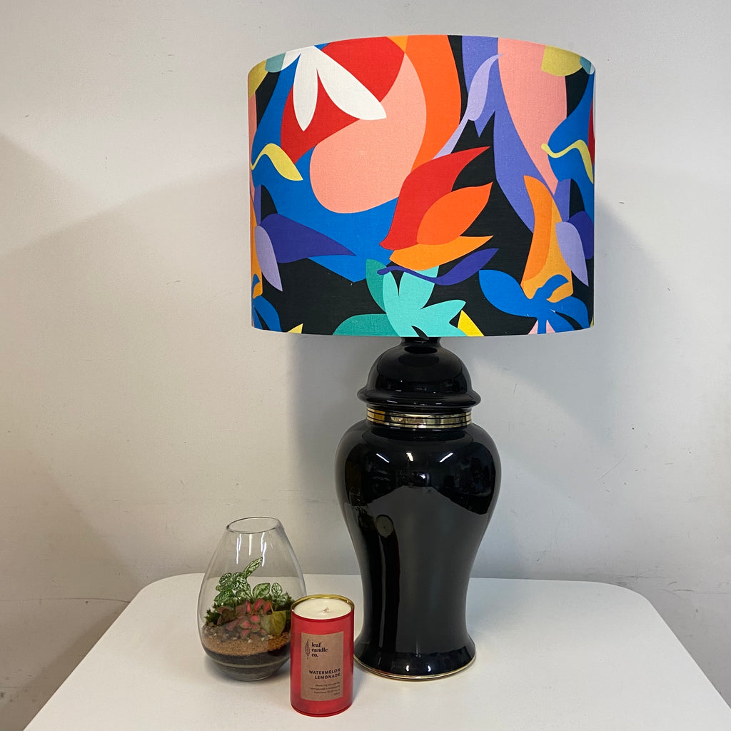 Ceramic Black Blub Lamp with Abstract Floral Shade