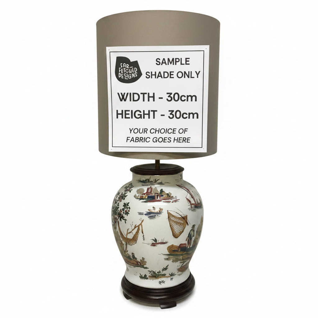 Decorative lamp with a sample shade label on a plain background
