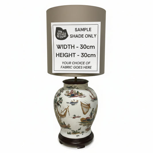 Decorative lamp with a sample shade label on a plain background
