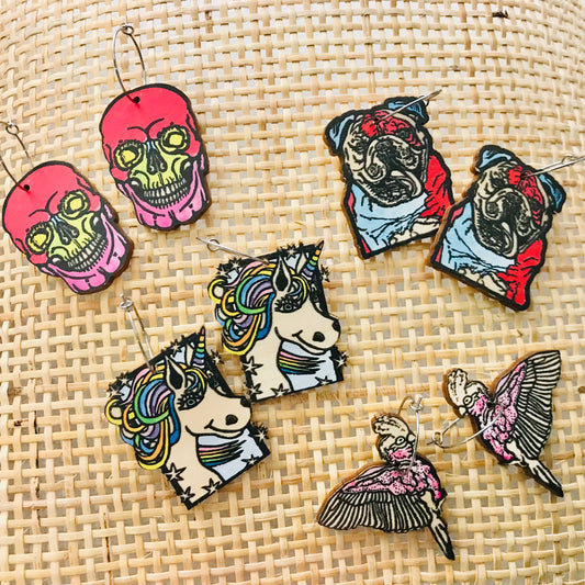 Original Art Printed Timber Earrings - hoops