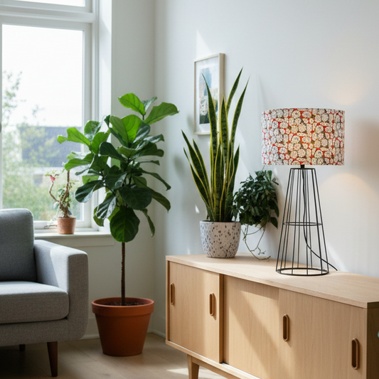 Black Wire Detailed Table Lamp with Prickly Pear on Orange Shade