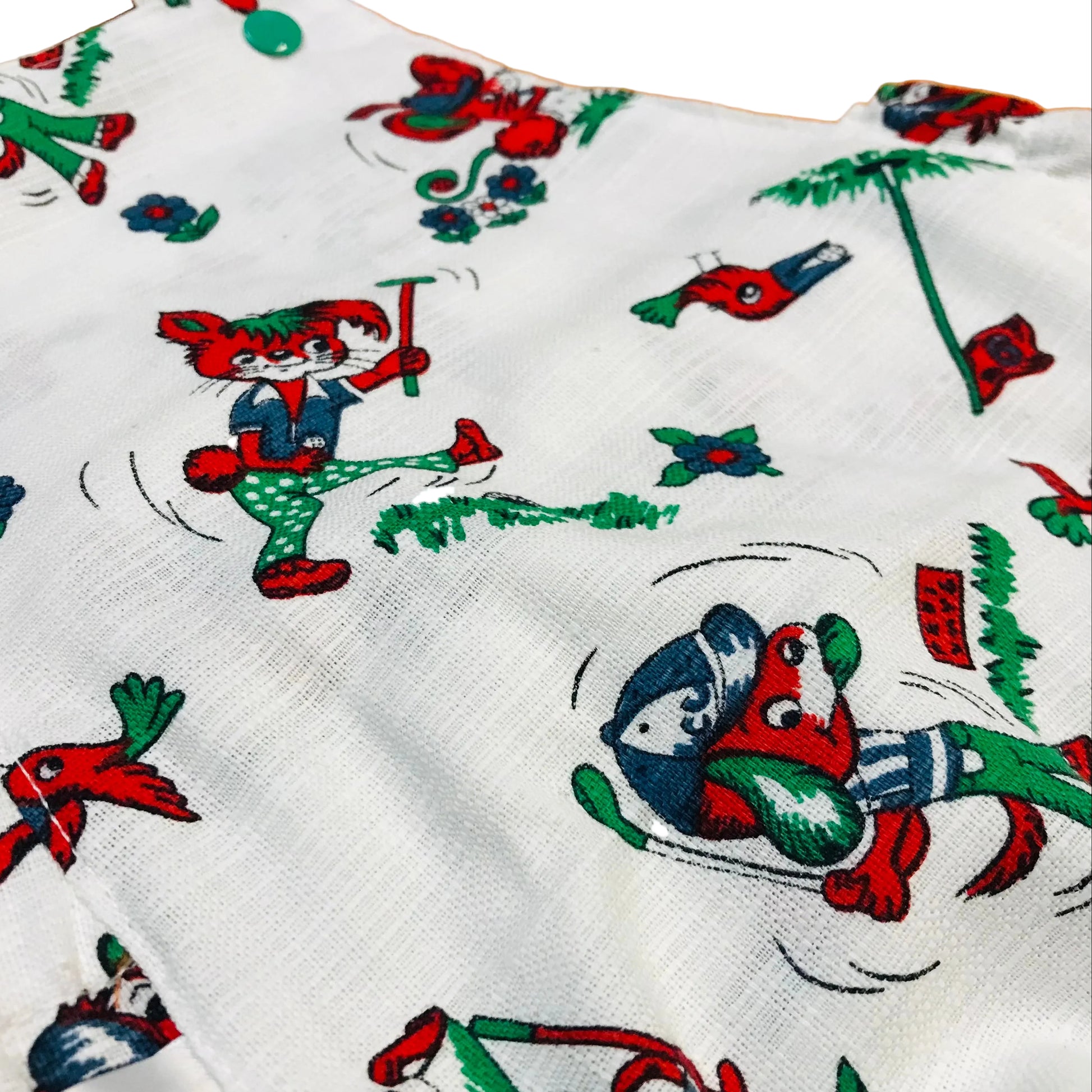 Fabric with cartoon character pattern on a white background