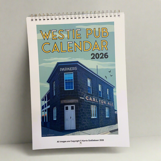 Westie Pub Calendar 2026 with a building illustration on a gray background
