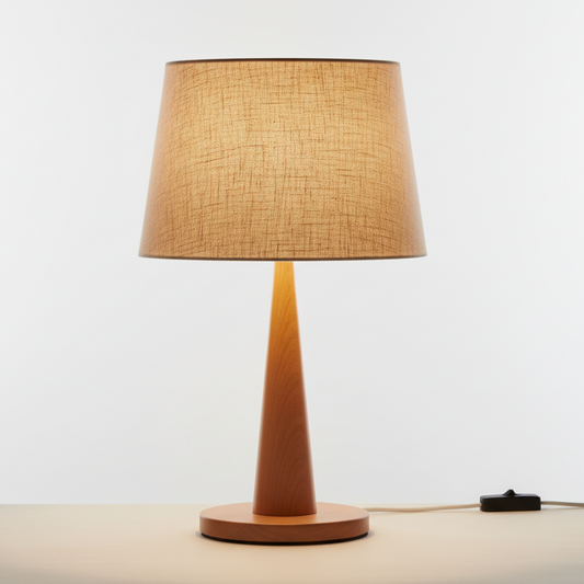 Wooden table lamp with a textured beige shade on a light background