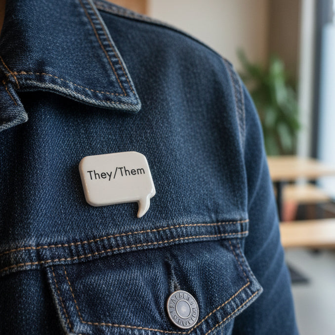 gender pronoun badge that is a White speech bubble with 'They/Them' text 