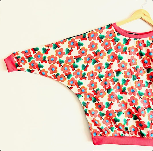 Women’s Handmade Batwing Sleeve Top - PINK FLOWERS / LARGE