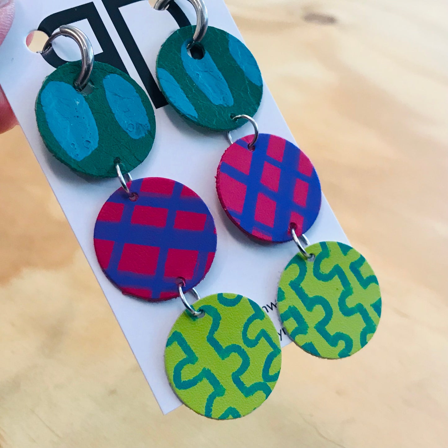 Hand painted leather bold statement earrings - Multi Drop