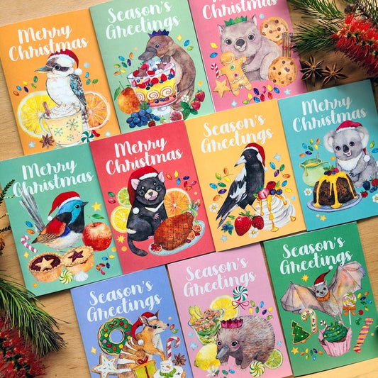 Watercolour Christmas Cards - Australian animals and food