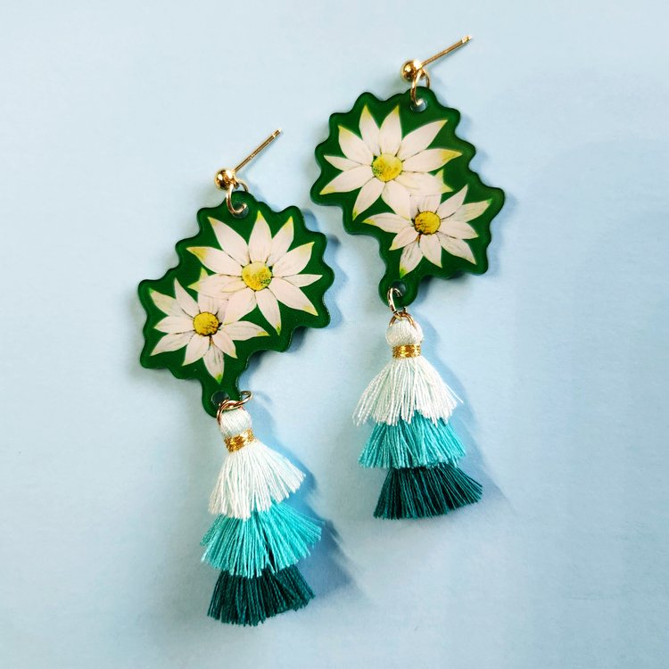 Flannel flower tassel drop earrings