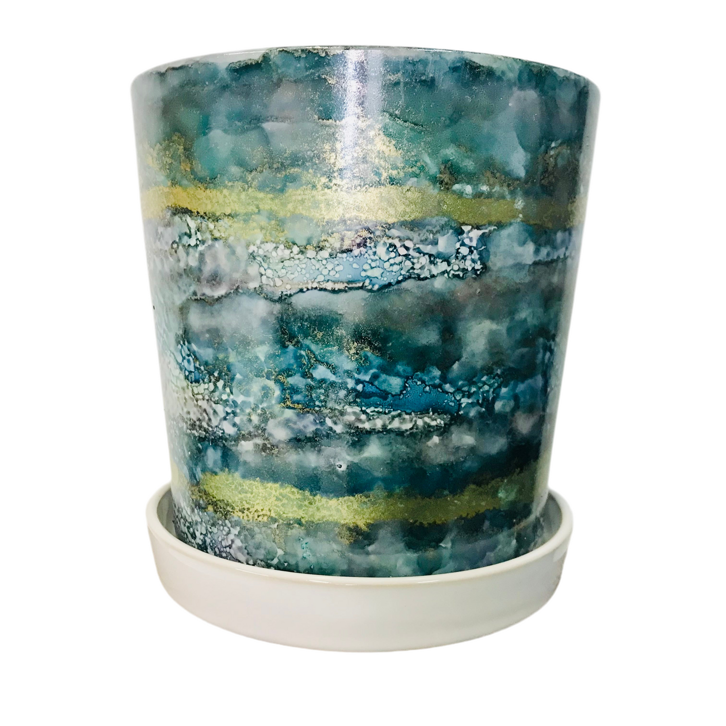 Alcohol Ink planter pot with tray - Deep Ocean