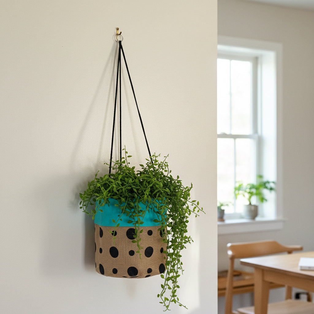 hanging planter with turquoise top section and polka dot pattern on beige background
