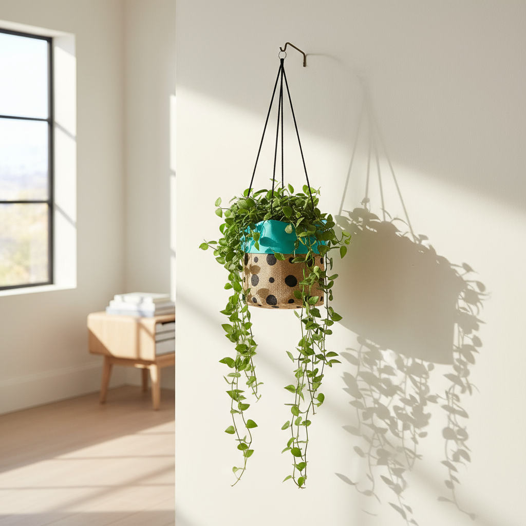 Hanging plant in a room with a window and wooden furniture.