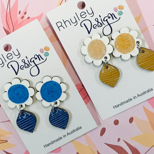 Bold Wood Daisy Drop Statement Earrings