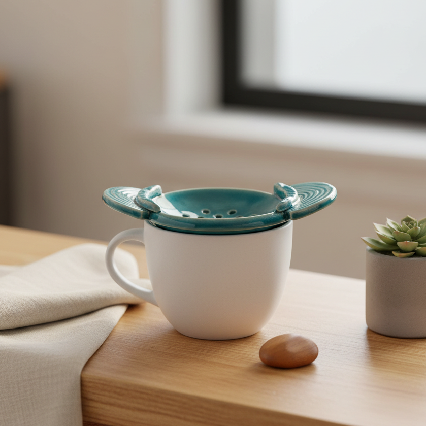 White mug with a green floral-patterned lid on a wooden surface, next to a small plant and a stone.