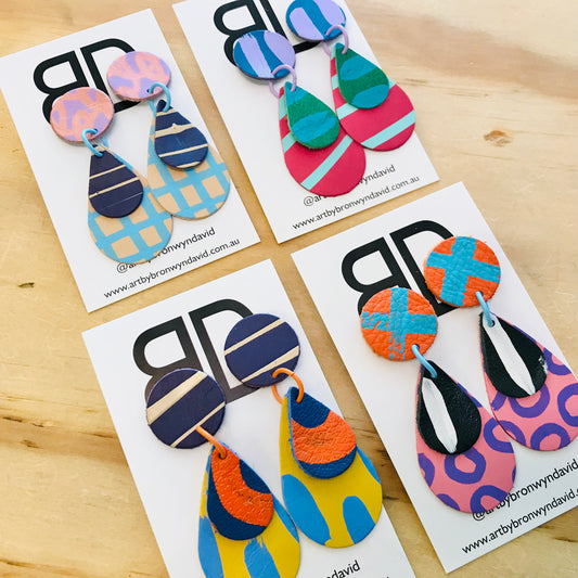 Hand painted leather bold statement earrings - The Saturn