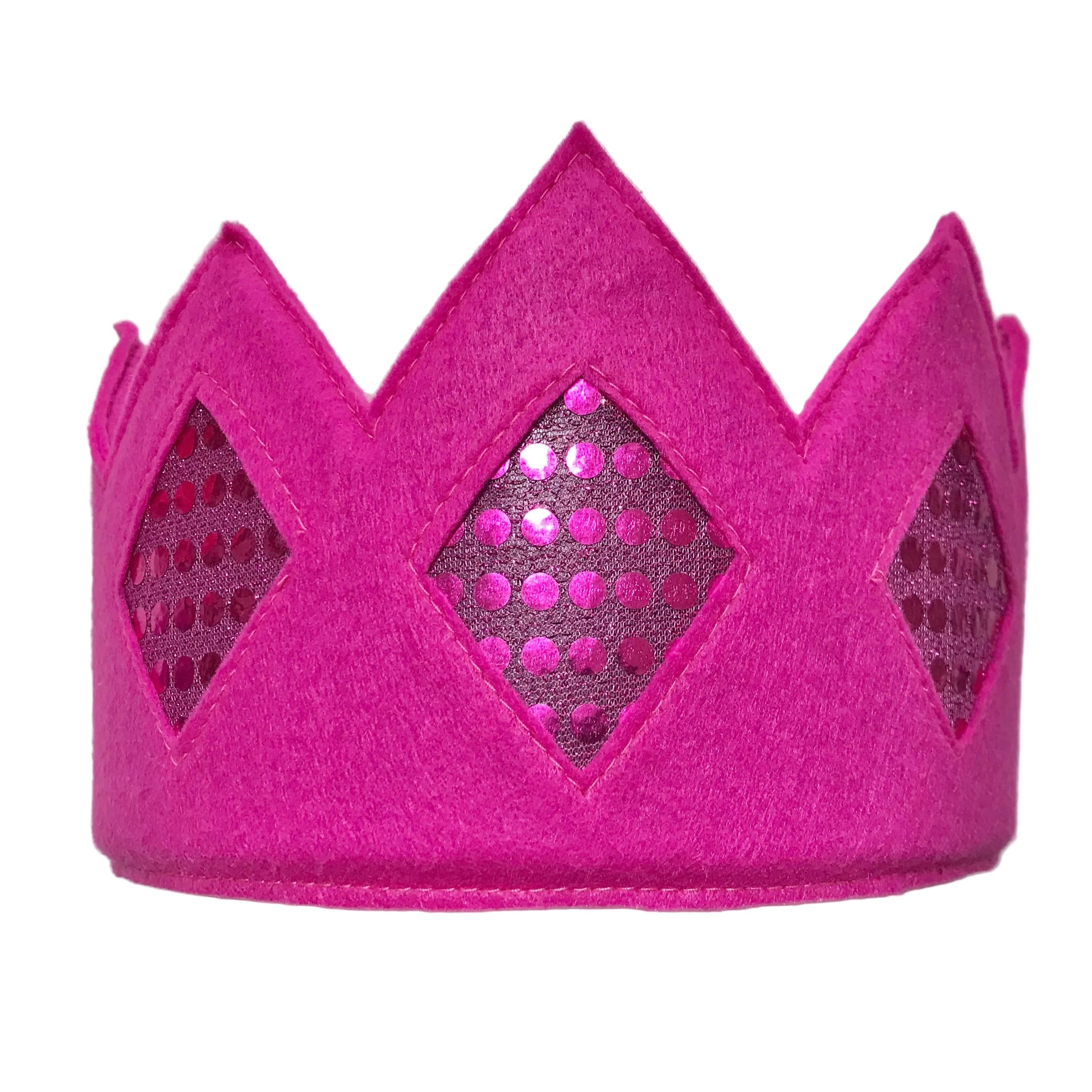 A bright pink felt crown with diamond-shaped cutouts filled with pink sequins, shown on a plain light background.