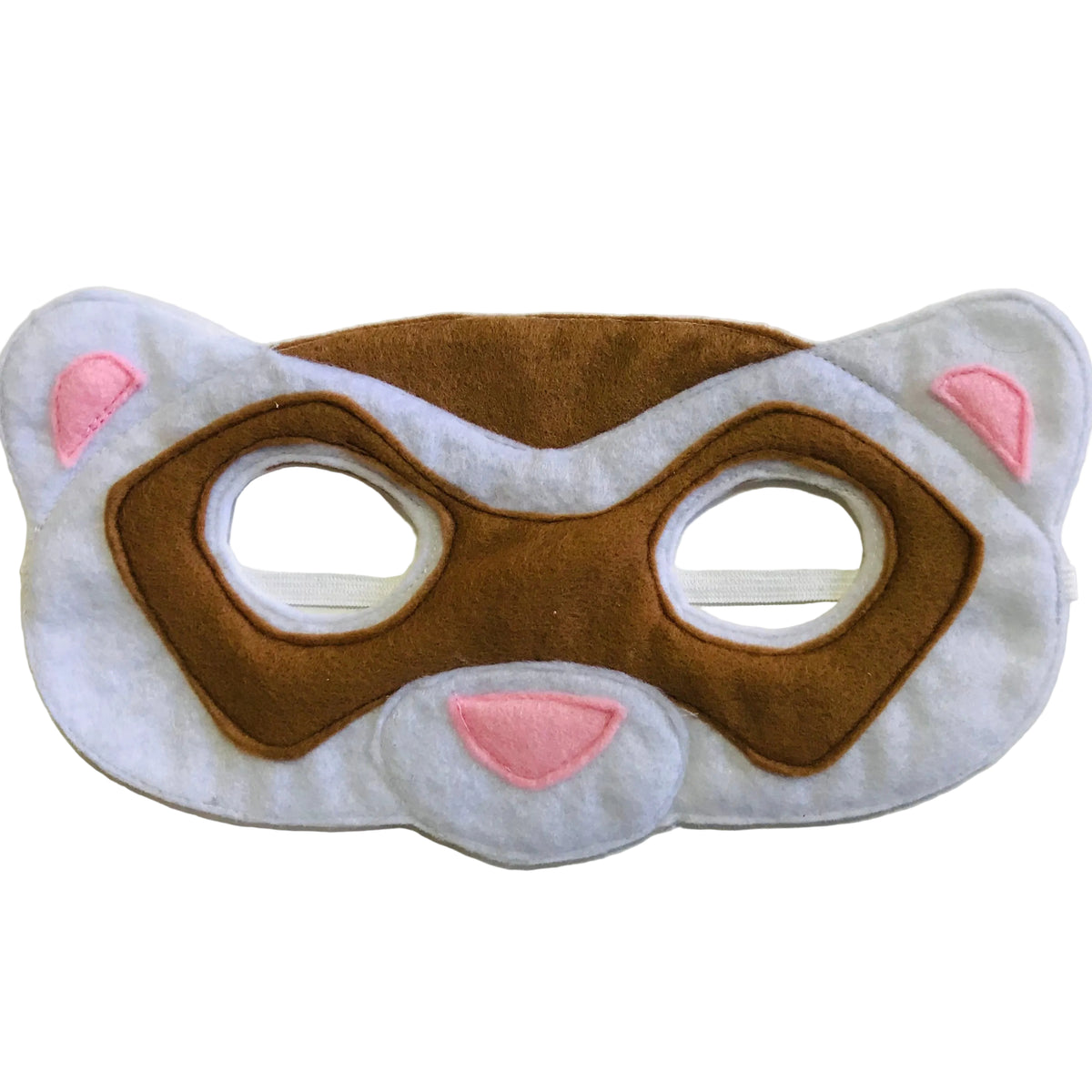 Cat-themed sleep mask with brown center, pink ears, and white sides on a light background