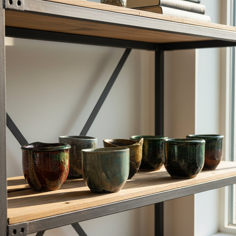 Set of ceramic pots with green and brown glaze on a white surface