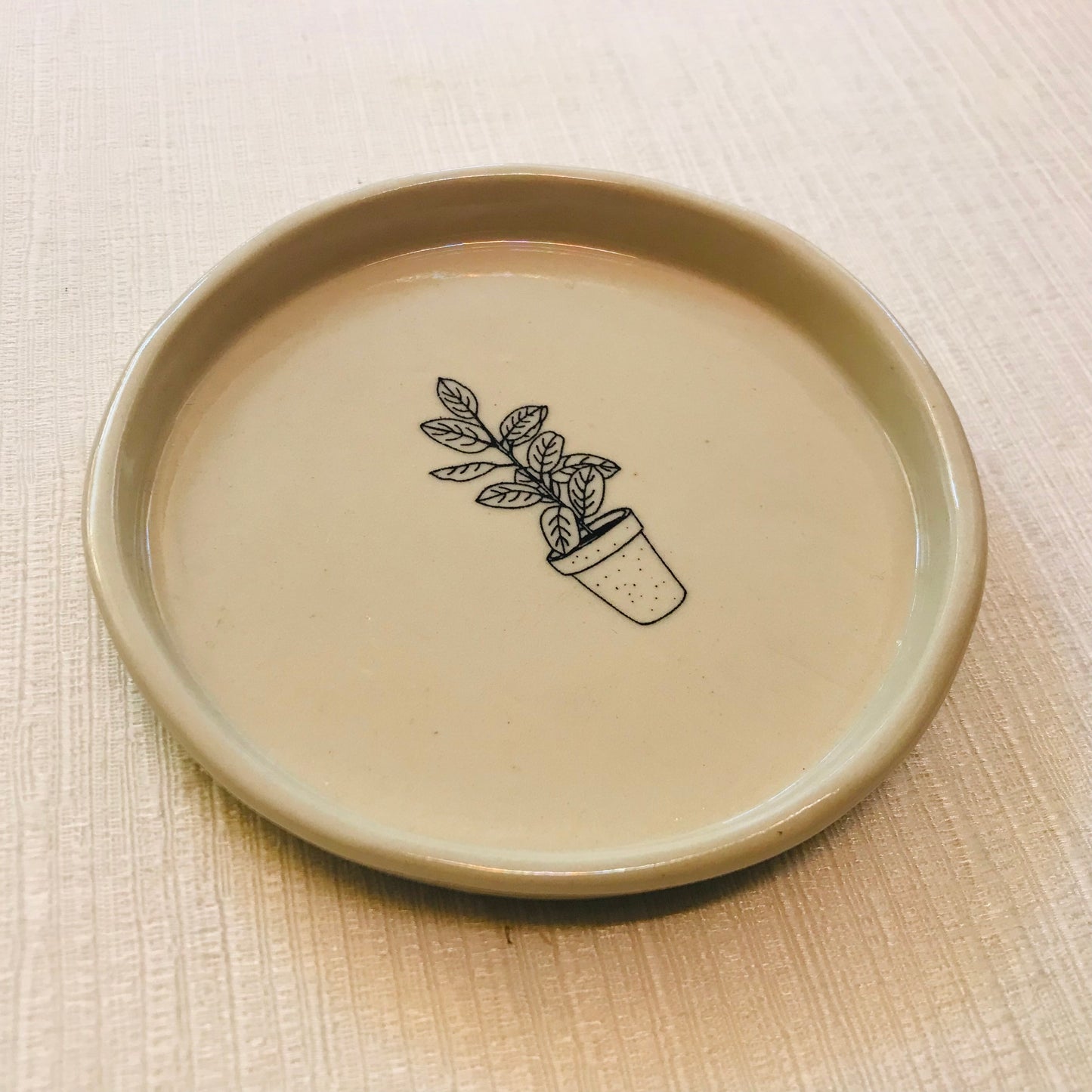 Ceramic plate with a plant illustration on a beige background