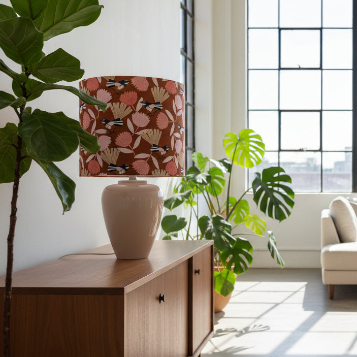 Mid Century Style Cream Ceramic Table Lamp with Mocha Fairy Wren Shade