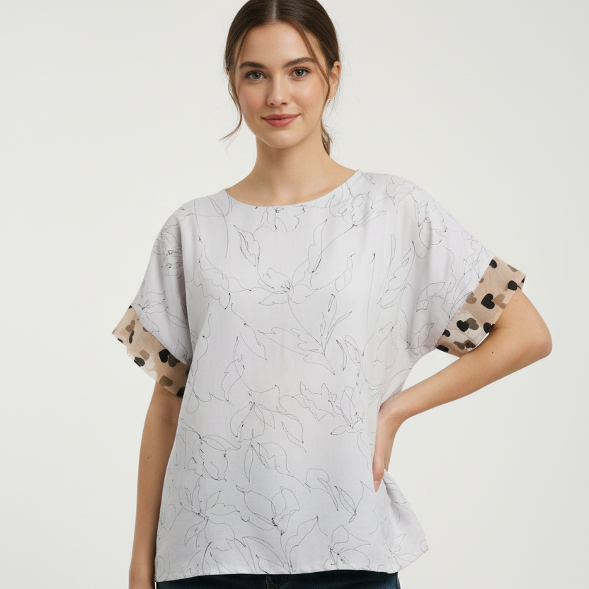 Handmade Women’s Box Top - Mauve Sketch with Sheer Cuff (M/L)