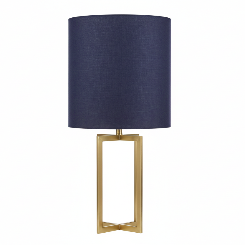 Table lamp with a navy blue shade and gold base on a white background