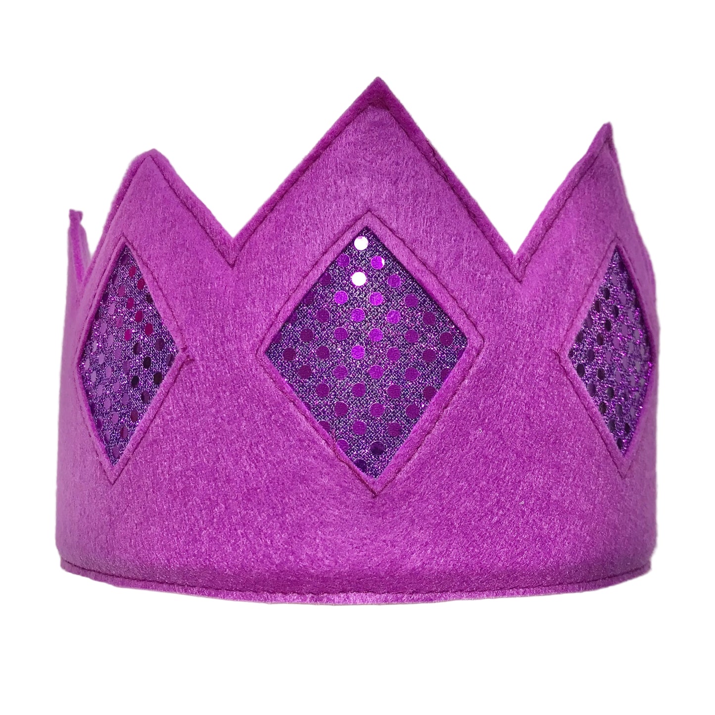 A purple felt crown with three diamond-shaped glittery inserts on the front, photographed against a plain light background.
